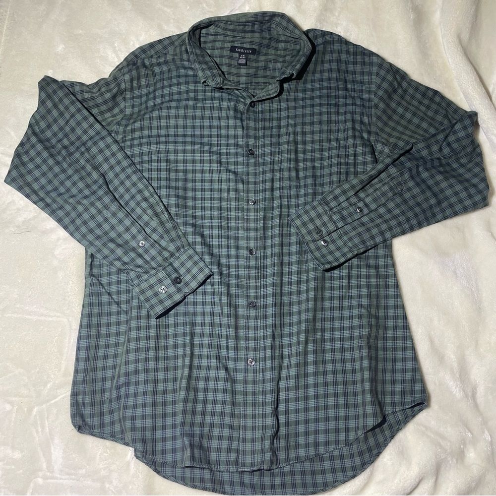 Men's 16-16 1/2 Neck Dark Green Plaid Button Down Dress Shirt - Large